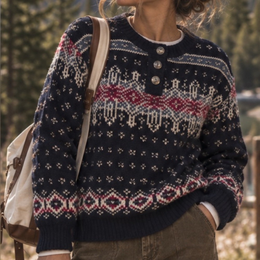 Vintage L.L. Bean Nordic Fair Isle Wool Blend Henley Button Sweater - L